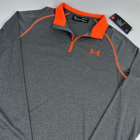 Under Armour 1/4 zip Men’s Small Heatgear Loose Fit Shirt. Charcoal Gray/Orange. - Picture 2 of 6